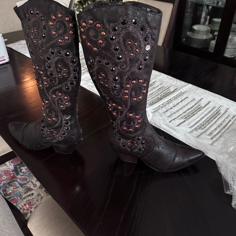 Embellished Black and Brown Women's Boots
